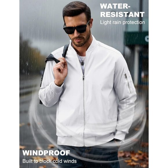 🆕 Men White Bomber Jacket Lightweight Casual Windbreaker Full Zip Spring Coat - Picture 2 of 6